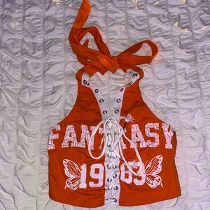 Orange Halter Crop Top with Butterfly Design